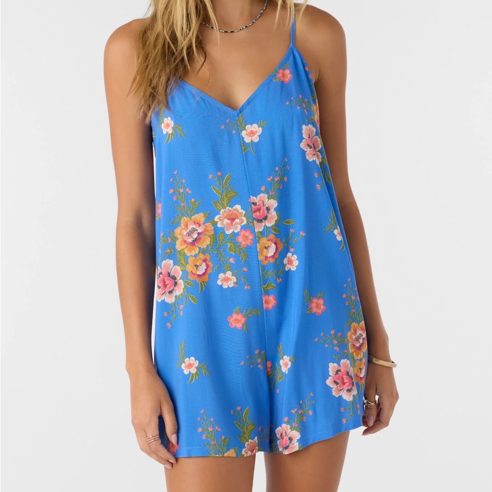 O’Neill Kylin Blue Floral Romper V-Neck Spaghetti Straps Lightweight Viscose
